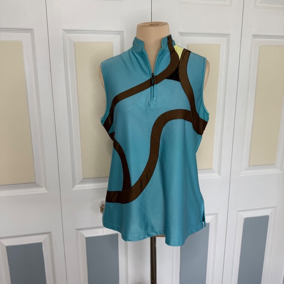 jamie sadock Tops - Jamie Sadock Womens Turquoise Brown Abstract Quarter Zip Golf Top Sleeveless S